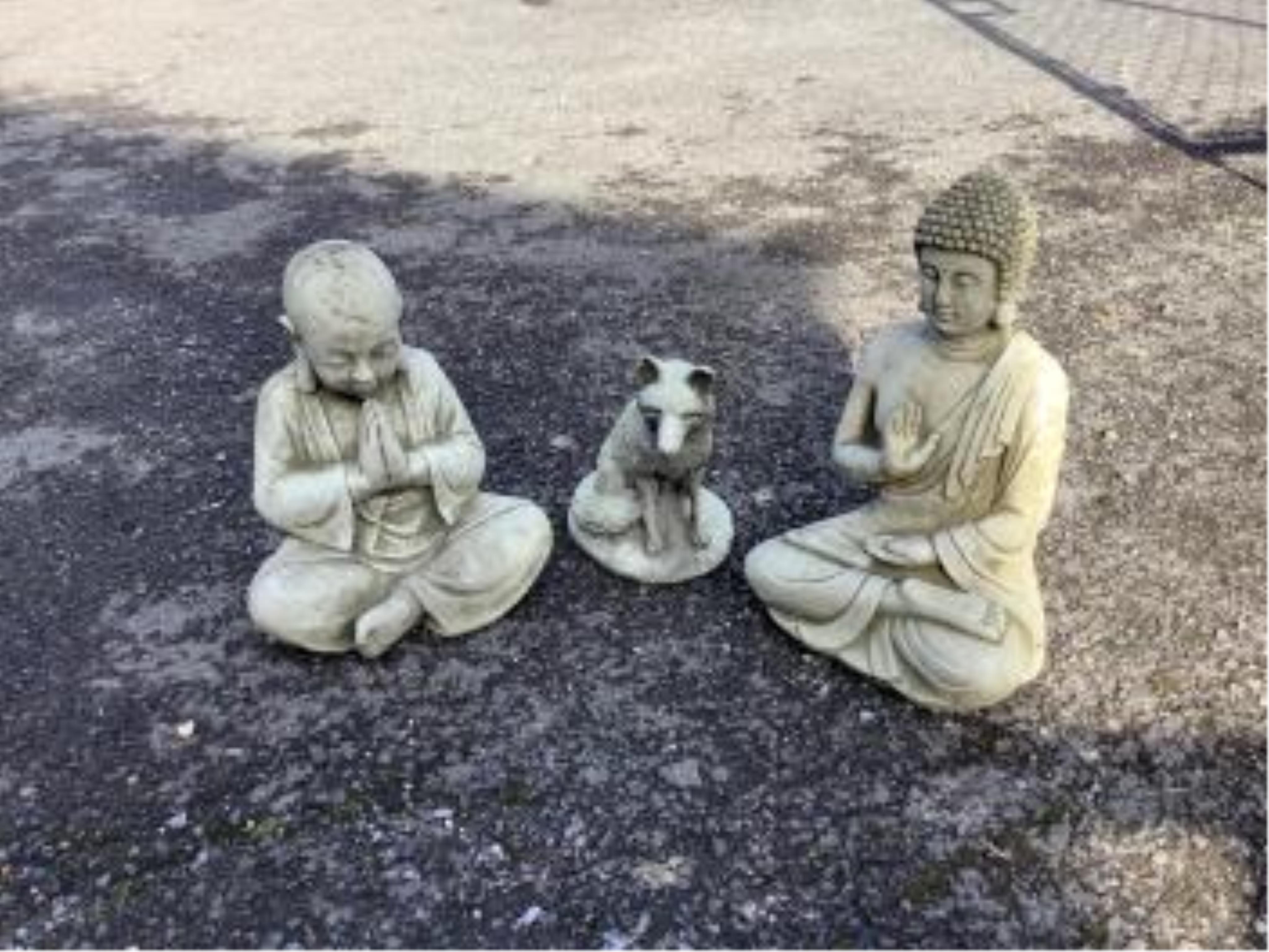 A collection of assorted garden ornaments including reconstituted busts, figures and animals, two Buddhas, a set of three cast iron Beatrix Potter figures and four assorted lanterns, largest height 58cm (19). Condition -